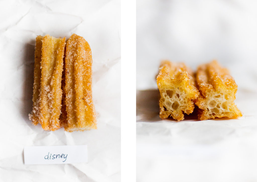 an overhead shot of a churro cut in half next to an interior shot of a churro cut in half