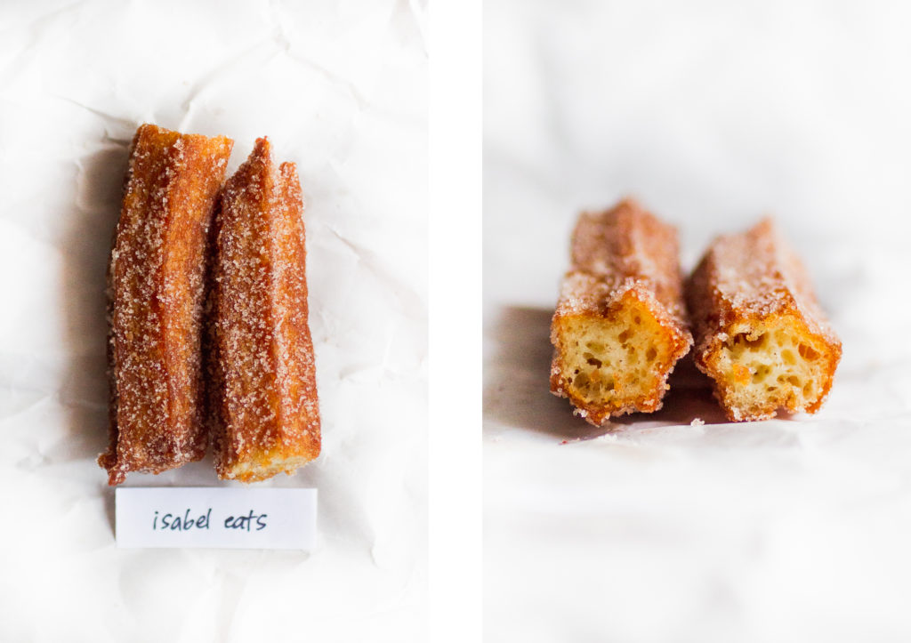 half a churro next to a shot of the interior of a churro half