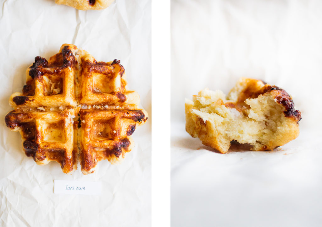 liege waffle next to an interior shot of a liege waffle