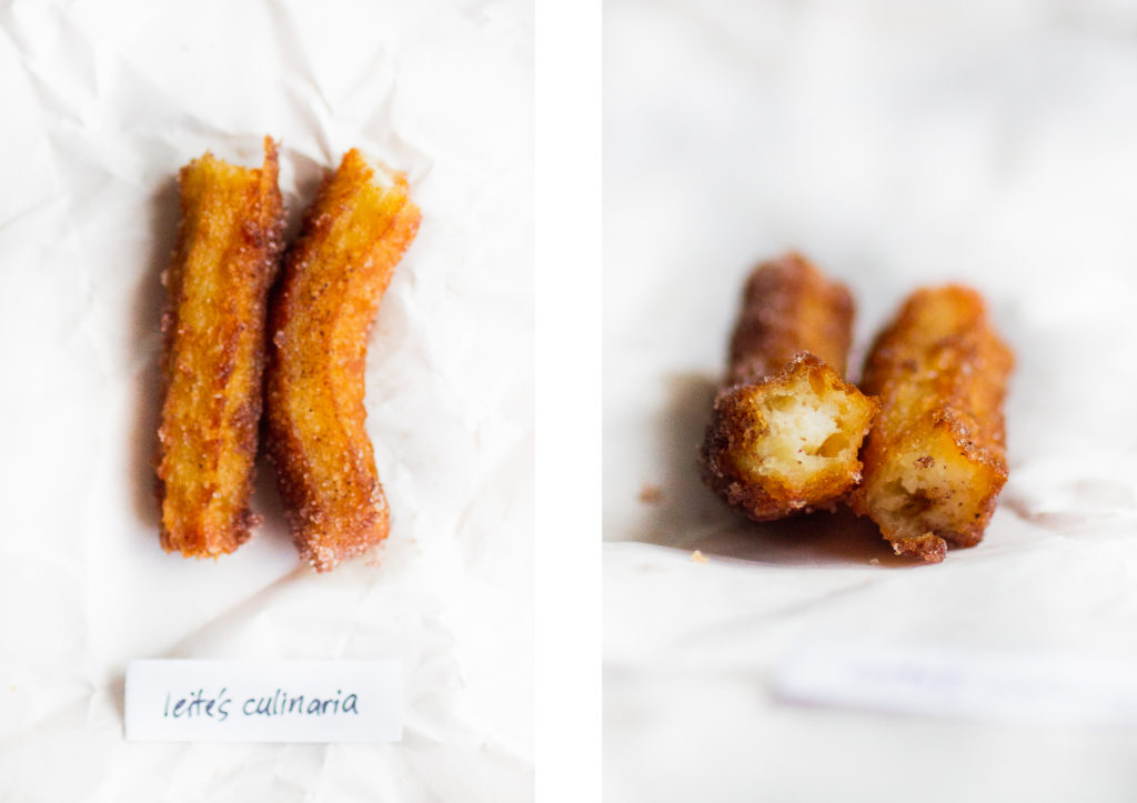 overhead shot of a churro cut in half next to a horizontal shot of the churro's interior