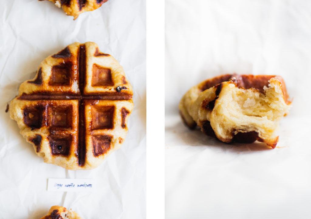 overhead shot of liege waffle next to a horizontal shot of a piece of waffle