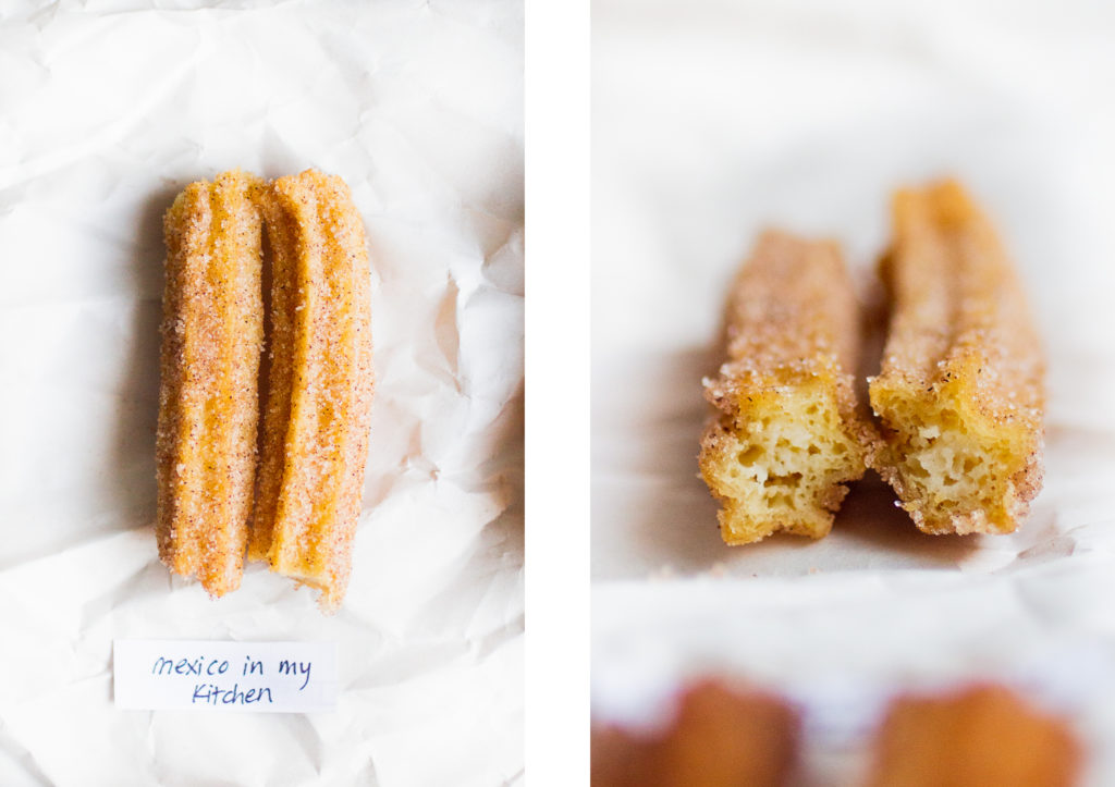 overhead shot of a churro cut in half next to a horizontal shot of the churro's interior