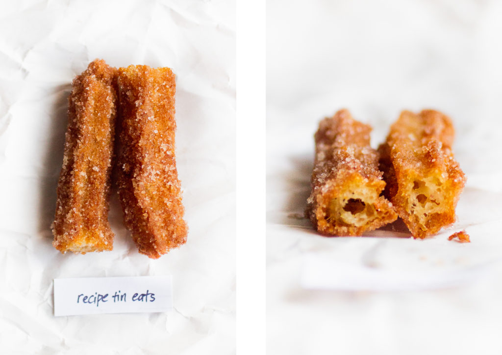 overhead shot of a churro cut in half next to a horizontal shot of the churro's interior