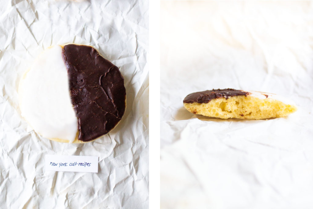 collage of a black and white cookie and an interior shot of the cookie