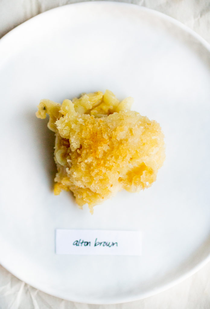 panko crusted mac and cheese on a white plate