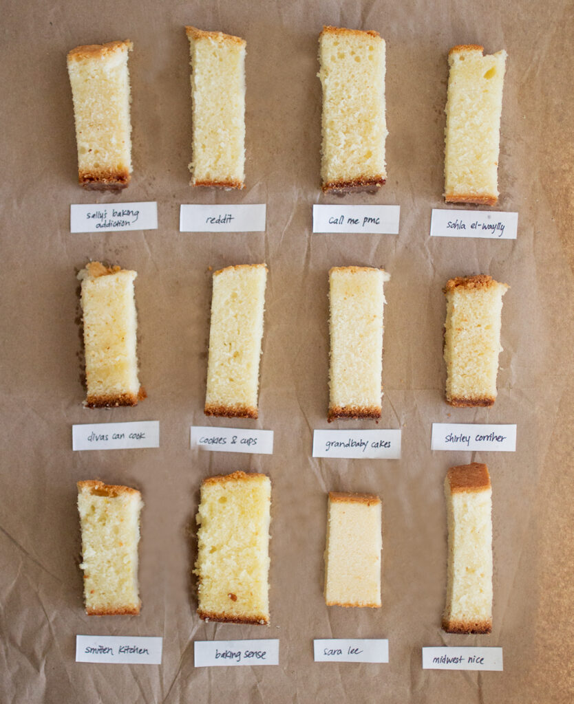 12 pieces of pound cake laid out in a grid on a brown paper background