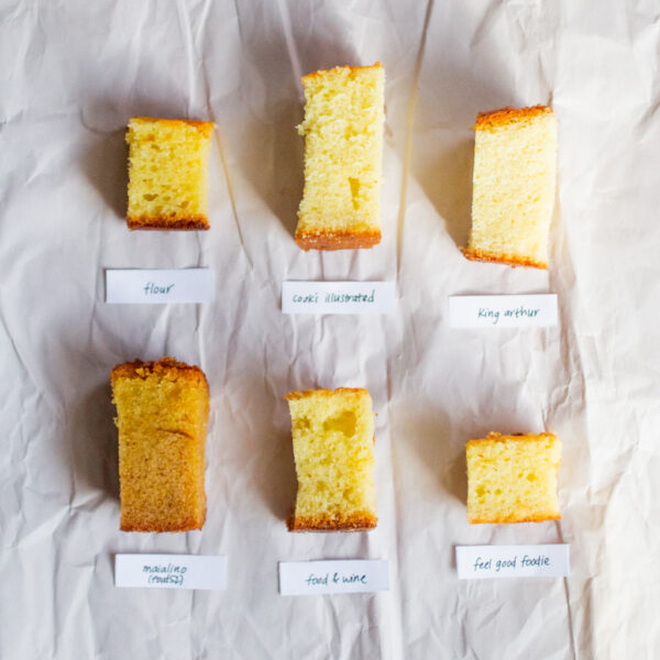 6 pieces of pound cake on a white paper background