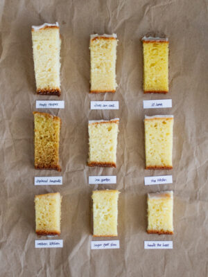 9 square slices of lemon loaf with labels on a piece of crinkled brown paper