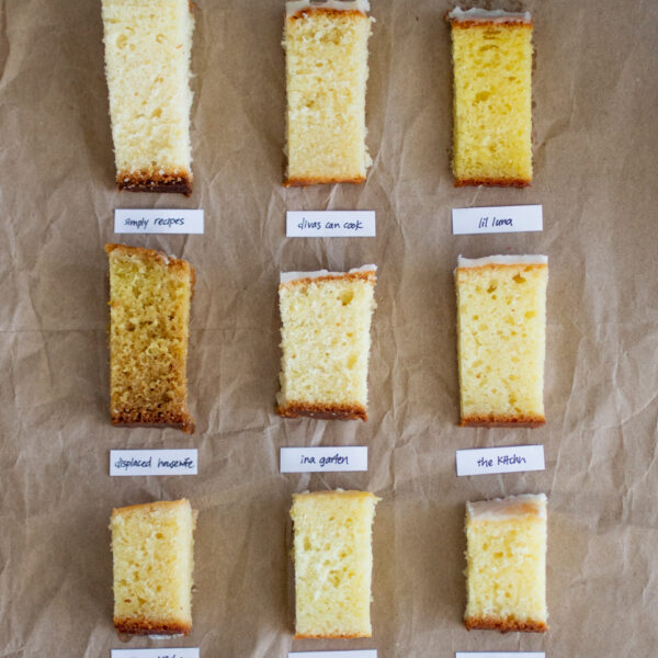 9 square slices of lemon loaf with labels on a piece of crinkled brown paper