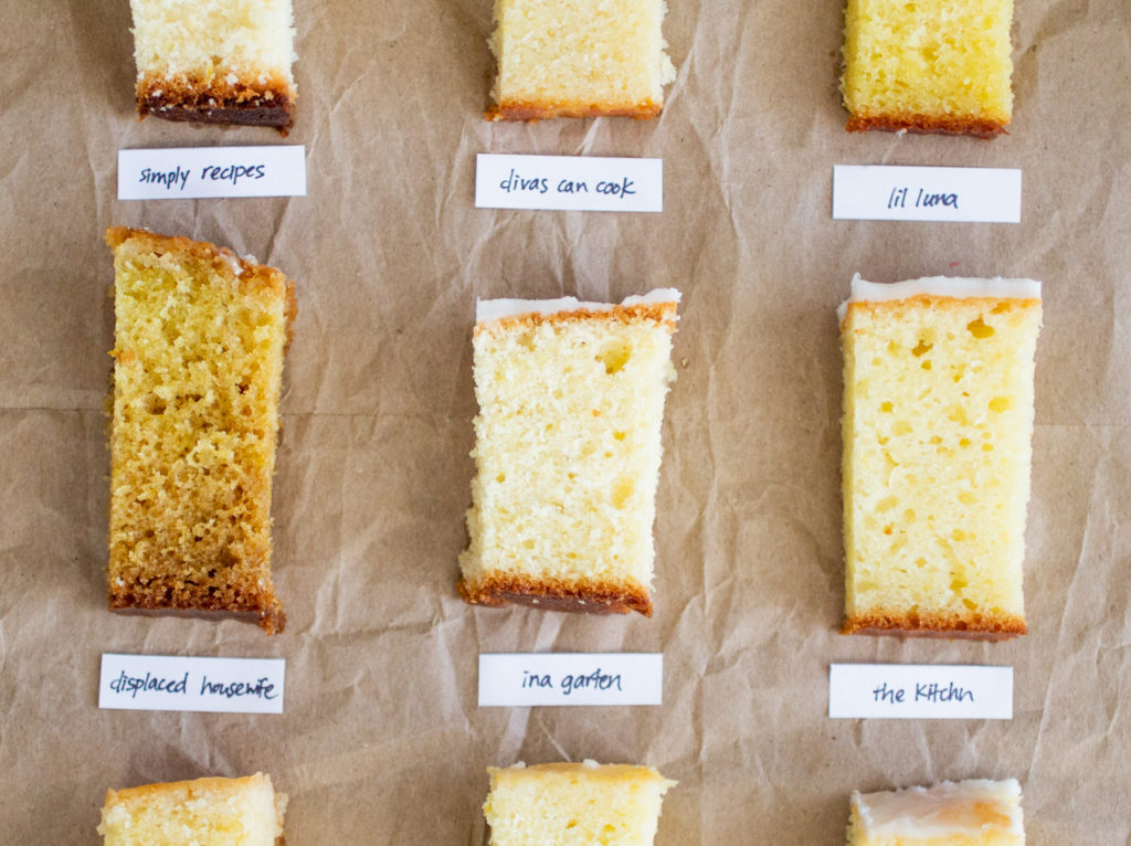 slices of glazed lemon cake laid out on a piece of crinkled brown paper