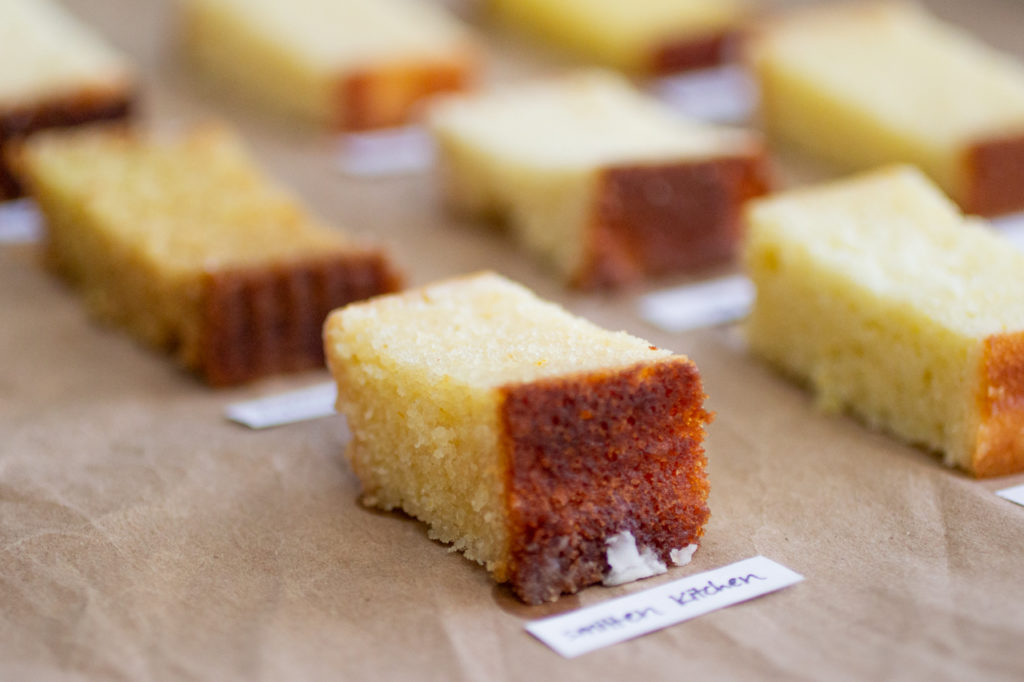 angled shot of a slice of lemon cake from the side