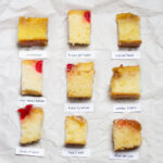 9 slices of pineapple upside down cake on crinkled off white paper
