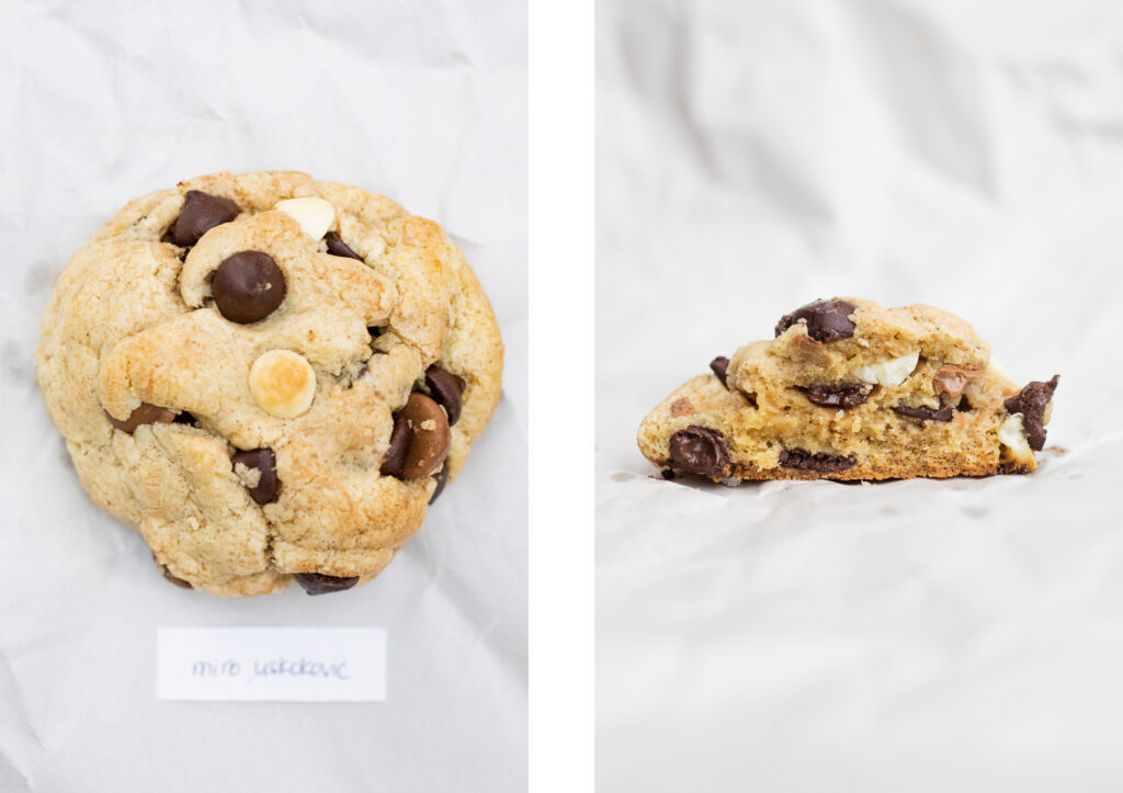 chocolate chip cookie next to an interior shot of a chocolate chip cookie
