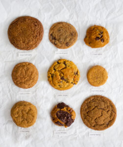 9 pumpkin cookies on a white background with labels.