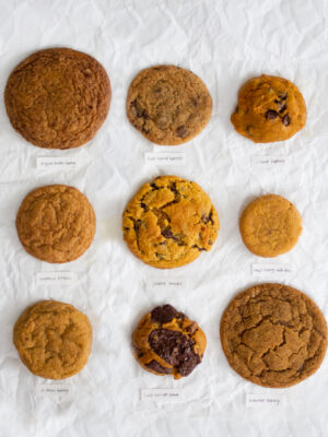 9 pumpkin cookies on a white background with labels