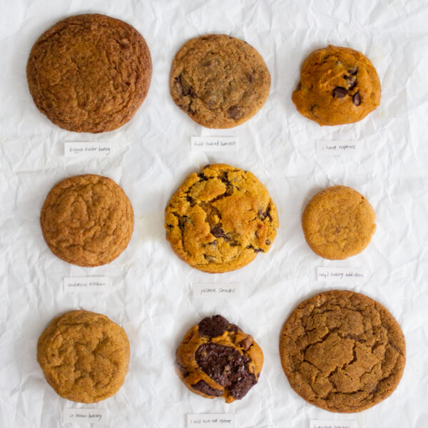 9 pumpkin cookies on a white background with labels