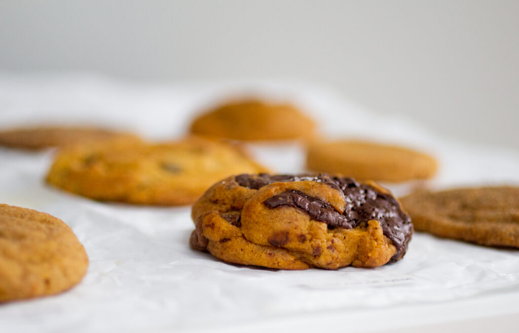 pumpkin cookie with chocolate on a table