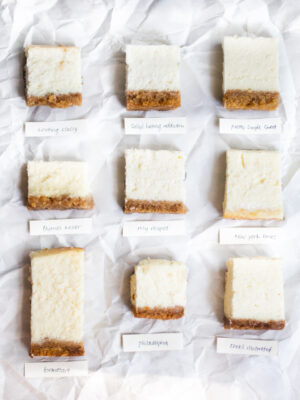 9 squares of cheesecake on a grey background