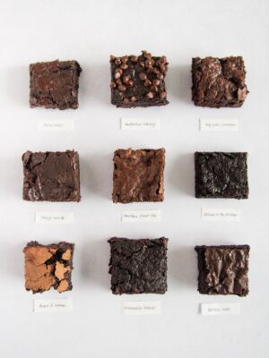 9 vegan brownies on a white background