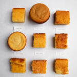 9 squares of butter mochi on a gray background