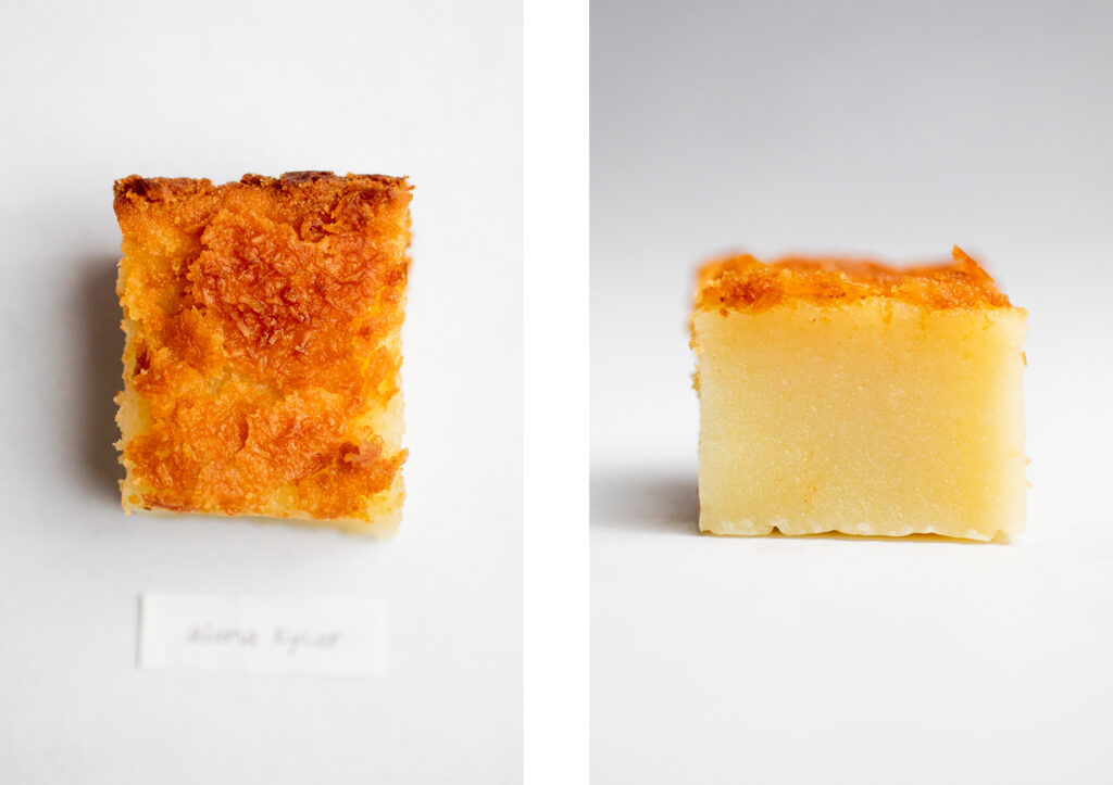 a square of mochi with a golden crust on a white background