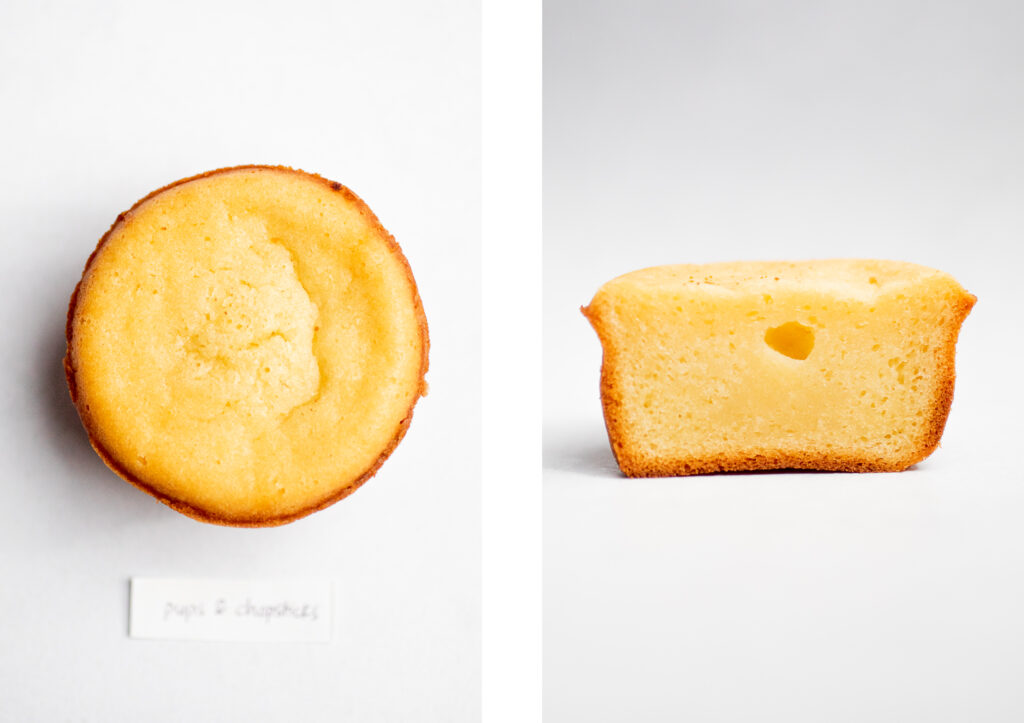 mochi muffin on a white background - top down shot next to a profile shot of the muffin cut open