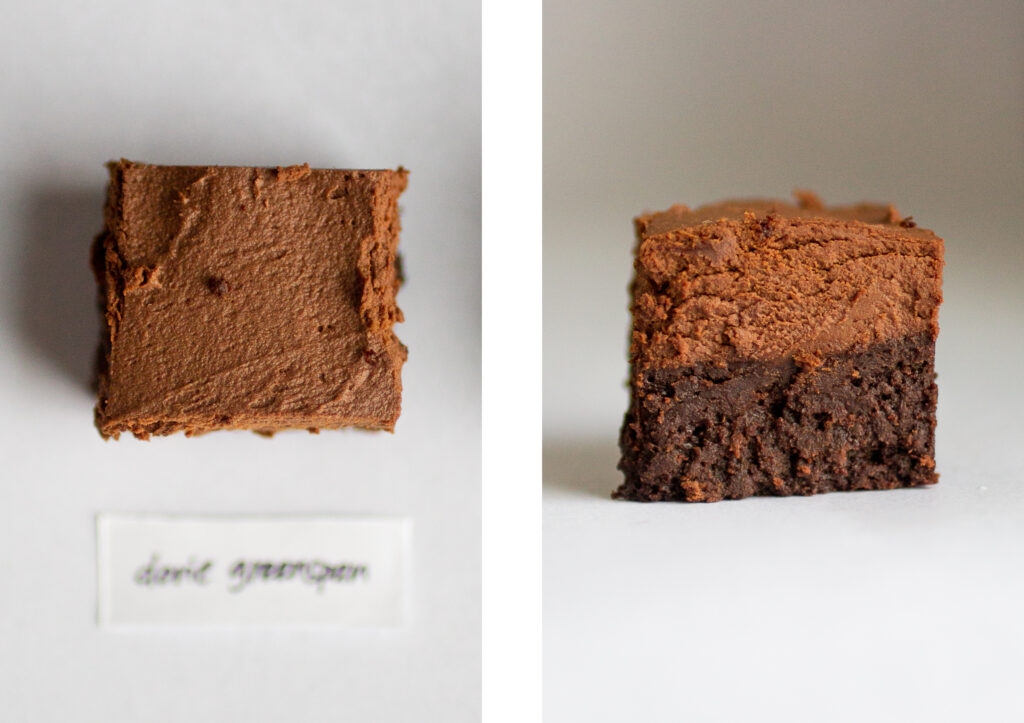 dorie greenspan\'s flourless chocolate cake on a gray background.