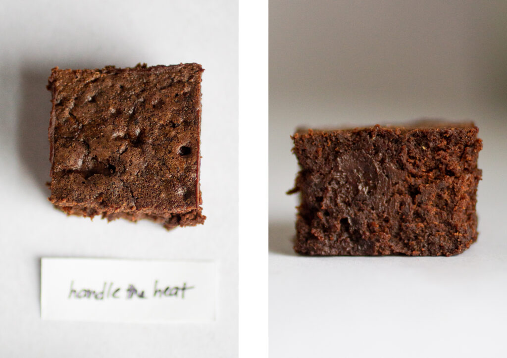 handle the heat's flourless chocolate cake on a gray background