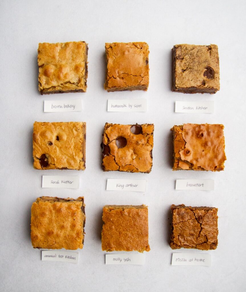 9 squares of blondies with labels on a gray background