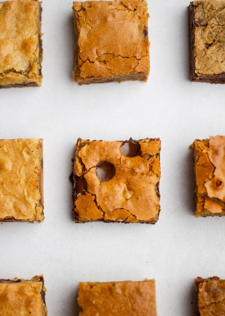 9 squares of blondies on a gray background