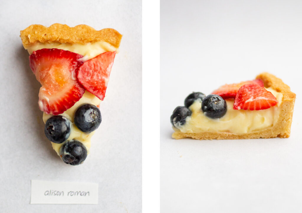 side by side shot of a slice of the alison roman fruit tart from the top next to the side view.