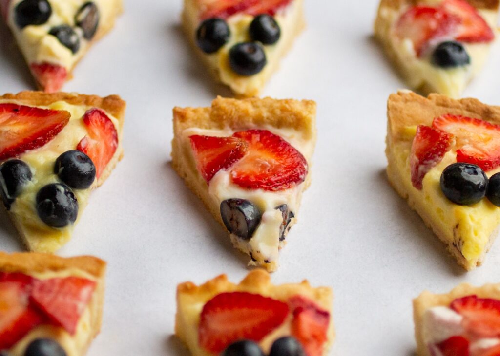 a close up of a slice of fruit tart.