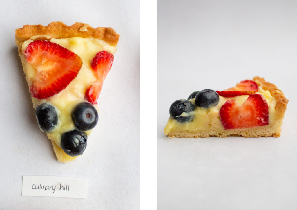 side by side shot of a slice of the culinary hill fruit tart from the top next to the side view
