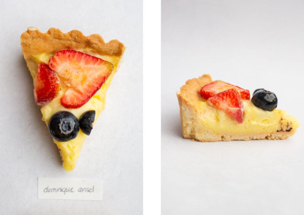 side by side shot of a slice of the dominique ansel fruit tart from the top next to the side view.