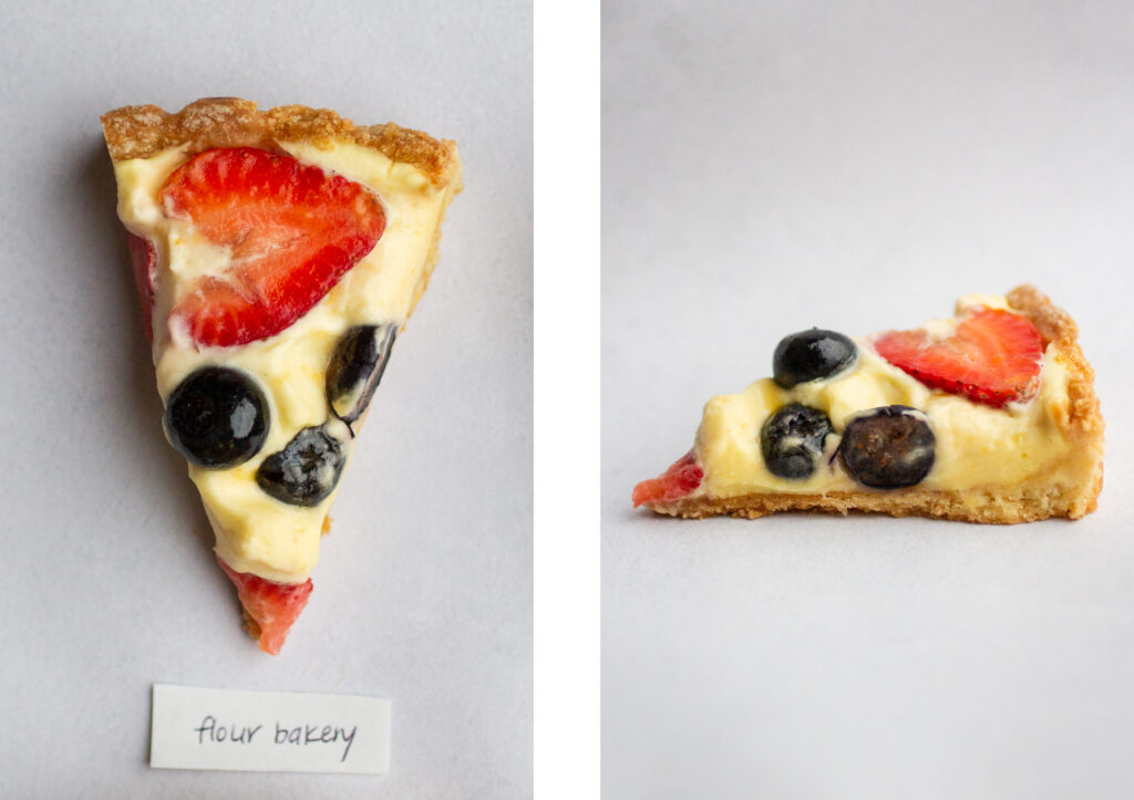 side by side shot of a slice of the flour bakery fruit tart from the top next to the side view