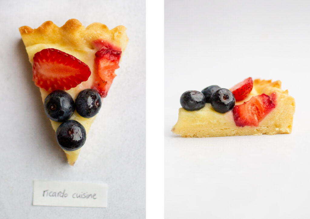 side by side shot of a slice of the ricardo fruit tart from the top next to the side view.