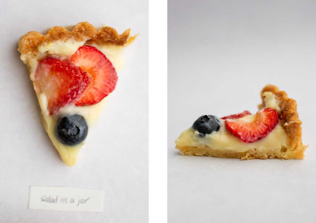 side by side shot of a slice of the salad in a jar fruit tart from the top next to the side view