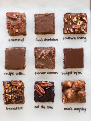 9 squares of texas sheet cake on a white background.