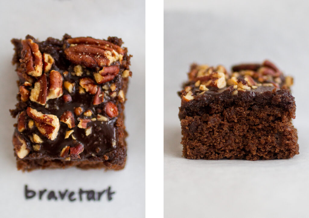 bravetart texas chocolate sheet cake shot from above on the left; profile view on the right