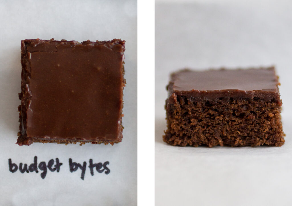 budget bytes texas chocolate sheet cake shot from above on the left; profile view on the right