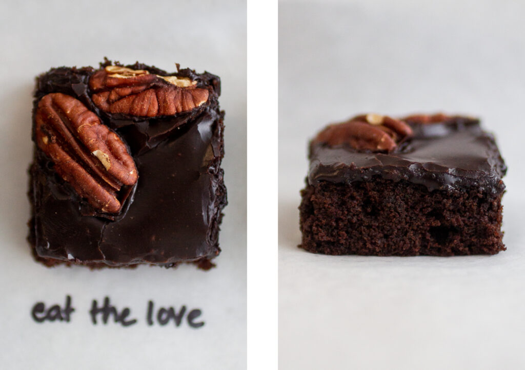 dark chocolate texas sheet cake shot from above on the left; profile view on the right.