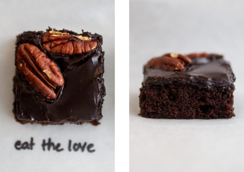 dark chocolate texas sheet cake shot from above on the left; profile view on the right