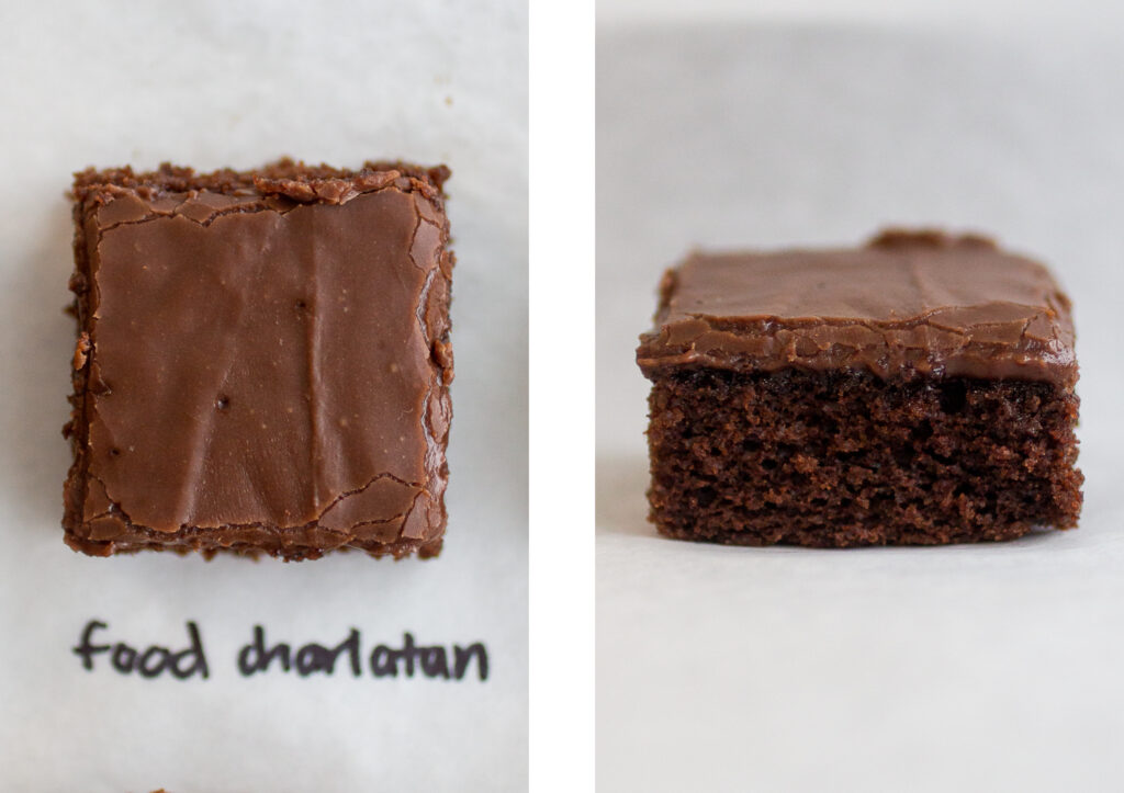 food charlatan  texas chocolate sheet cake shot from above on the left; profile view on the right