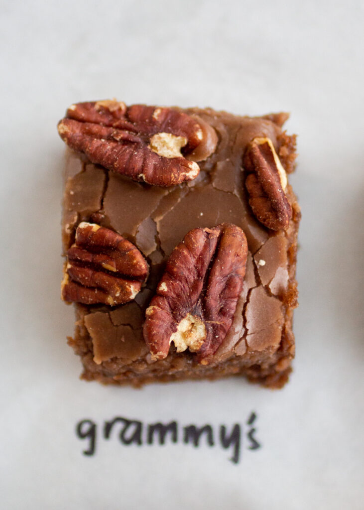 a square of chocolate cake with pecans on a white background