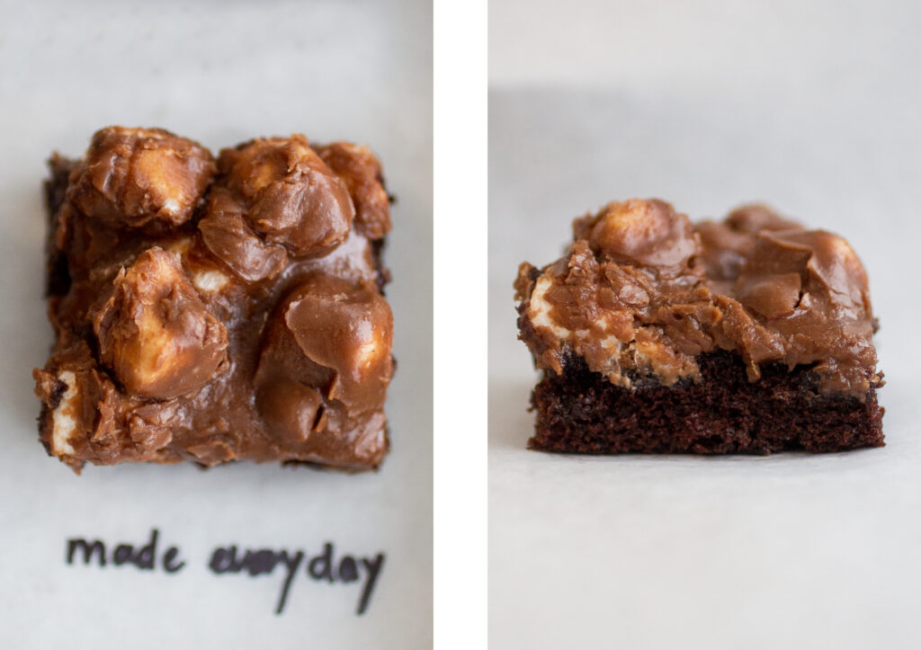 made everyday texas chocolate sheet cake shot from above on the left; profile view on the right