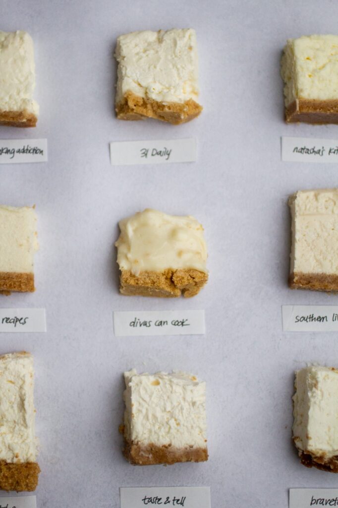 9 squares of cheesecake on a gray background.