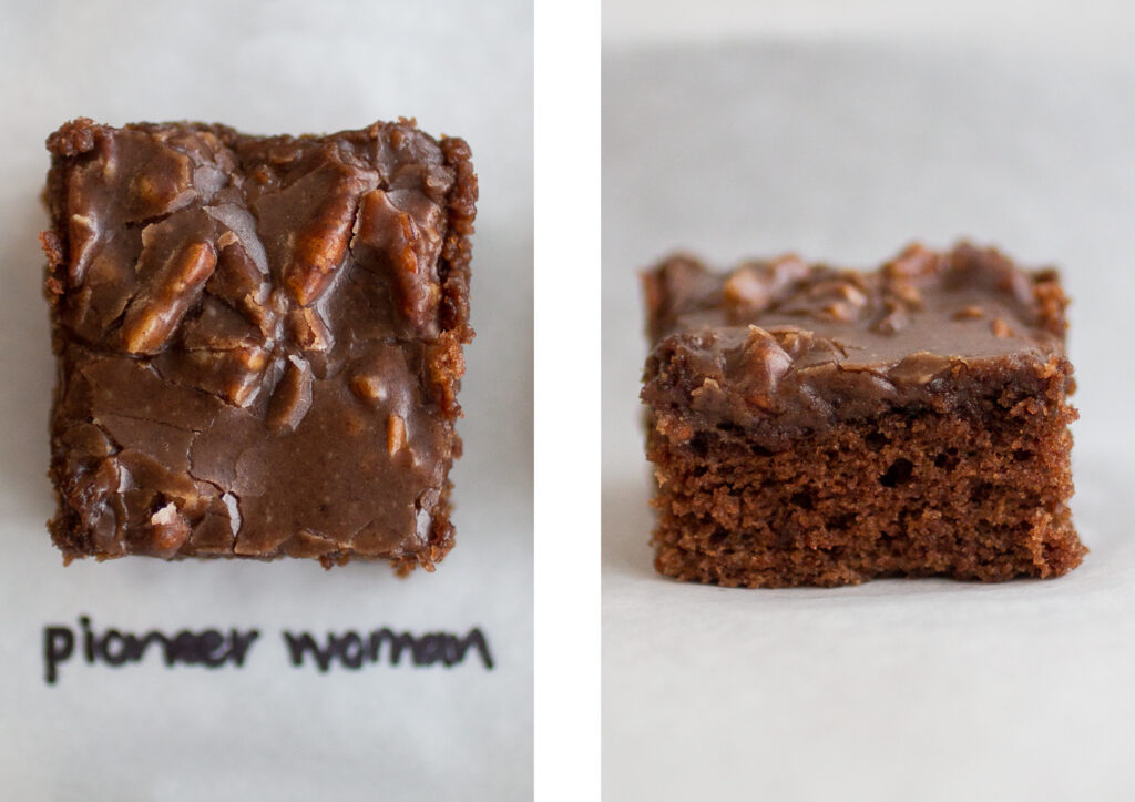 pioneer woman texas chocolate sheet cake shot from above on the left; profile view on the right