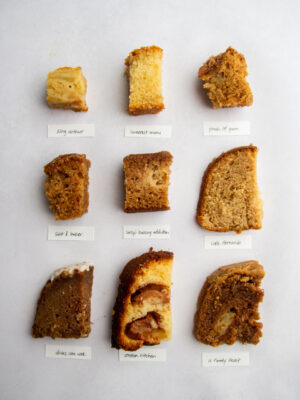 9 different pieces of apple cake on a gray background.