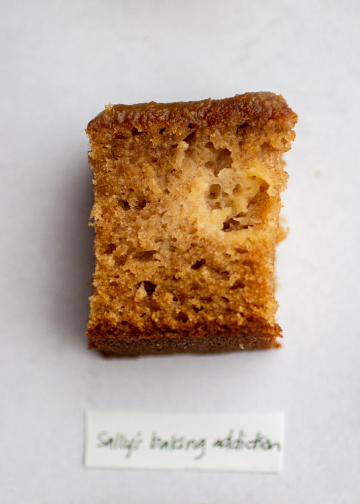 a slice of apple cake with the label \"sally\'s baking addiction\" on a gray background.