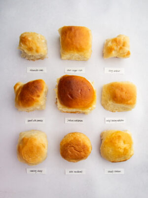 9 different dinner rolls on a gray background.